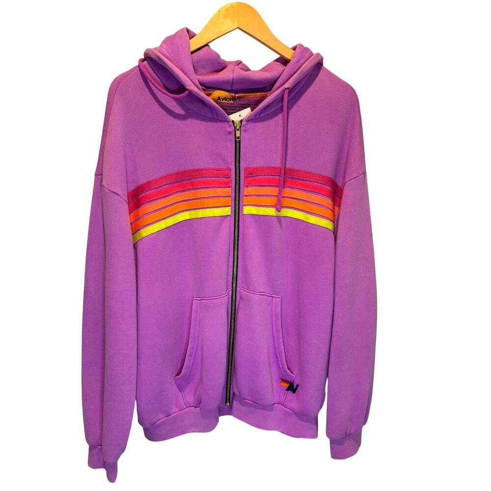 Aviator Nation NWT 5 Stripe Zip Hoodie in Neon Purple - size Large